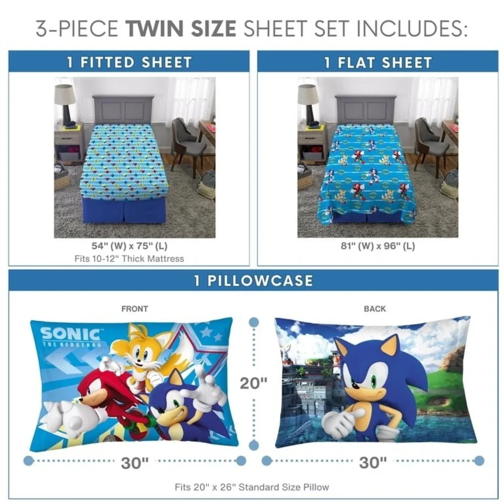 2024 Sonic the Hedgehog 3‎ Piece Sheet Set Twin Blue Microfiber Kids Bedding NEW